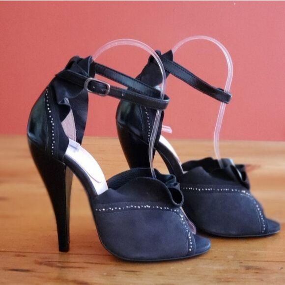 Rebecca Taylor Leather Suede Ankle Strap Peep Toe Embellished Shoes Heels Size 6 - Picture 3 of 6